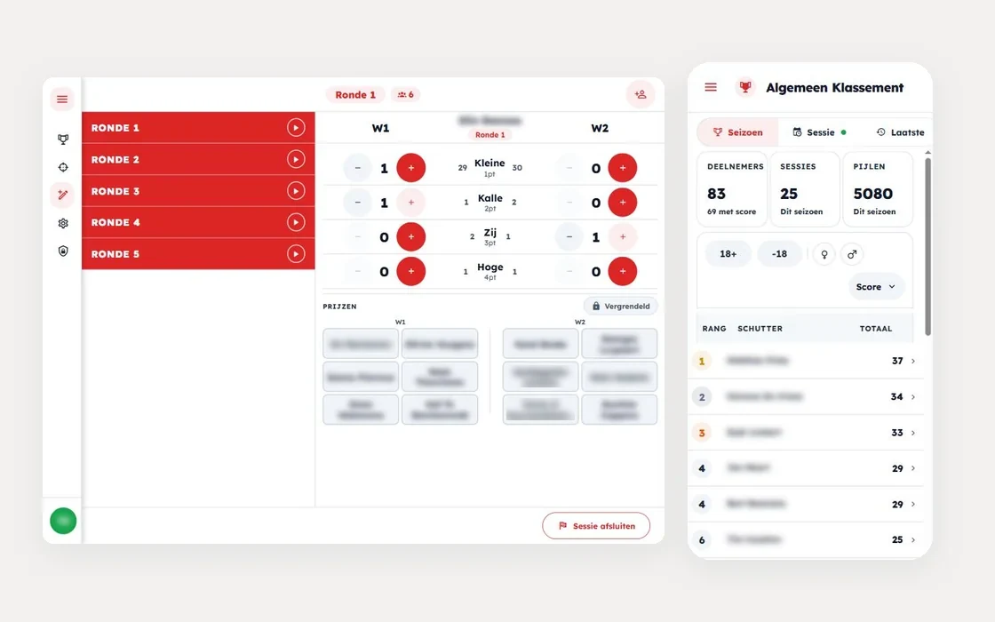 De BoogschietApp op een tablet en een telefoon: links de rondes met de scores per schutter, rechts het algemene klassement. Namen van schutters en sponsors zijn onleesbaar gemaakt.